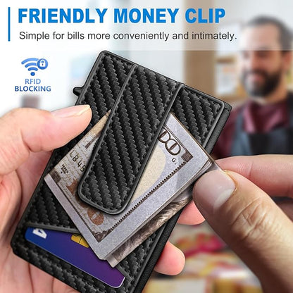 Airtag Wallet for Men,with Money Clip Gift Boxed,Slim Front Pocket Wallet RFID Blocking Metal Case Smart Pop-up Credit Card Holder in Magnetic Leather Flip