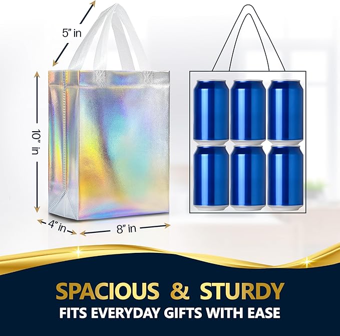 Nush Nush Set of 30 Iridescent Gift Bags Bulk – Medium Size, Holographic Silver Bulk Gift Bags With Handles - Ideal Reusable Goodie Bag for Birthday, Bachelorette Party Favors, Return Gifts – 8x4x10