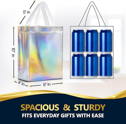 Nush Nush Set of 60 Iridescent Gift Bags Bulk – Medium Size, Holographic Silver Bulk Gift Bags With Handles - Ideal Reusable Goodie Bag for Birthday, Bachelorette Party Favors, Small Business – 8x4x10