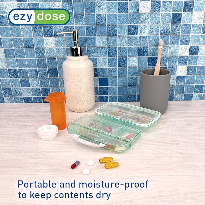 EZY DOSE Moisture-Proof Pill Case, Medicine Planner, Vitamin Organizer Box, Travel-Friendly, Latch-Closure to Secure Contents, 8 Individual Compartments of Multiple Sizes with Tight Seal, Large, Green