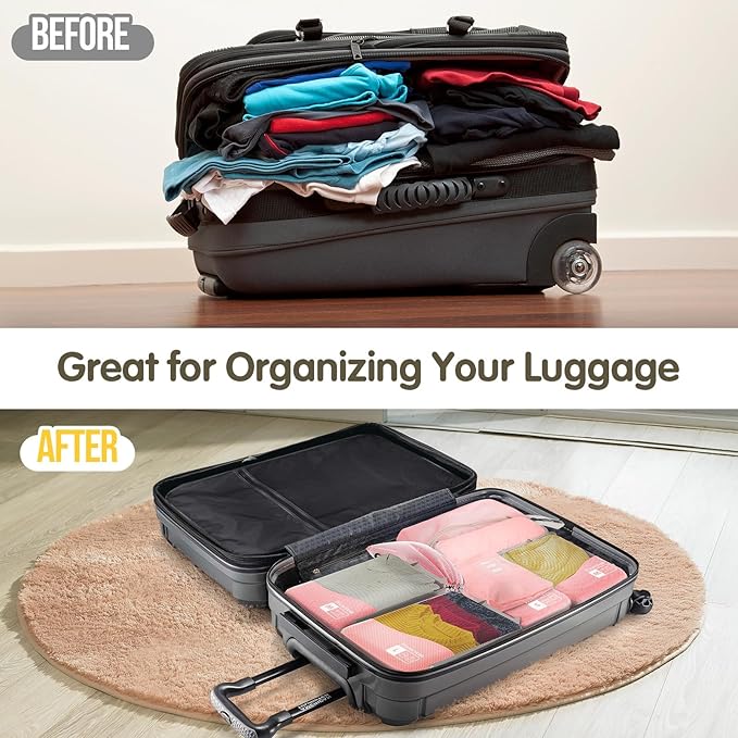 Compression Packing Cubes 8 Set, Dual Zipper Compression Packing Cubes for Travel, See-Through Mesh Packing Bags for Suitcases, packing cubes with shoe bag (Pink)