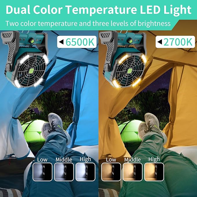 20000mAh Battery Powered Fan Rechargeable,Rechargeable Portable Camping Fan with Light,270°Rotation Battery Operated,USB Camping Essentials Tent Battery Fans Portable X26 Cyan