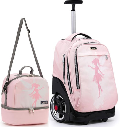 NEW TILAMI 19 Inch Rolling Backpack with Lunch Bag for Girls Boys Wheeled Laptop Backpack Durable Carry-on Bag School Travel, Flower Fairy