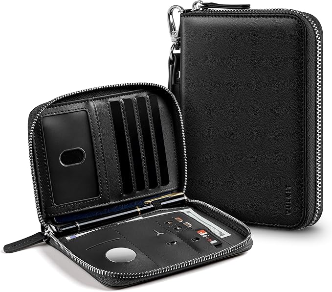 VULKIT Passport Holder for Travel with Airtag Slot, Premium Nappa Leather, RFID Blocking, Zipper Closure with Wrist Strap, Travel Document Organizer