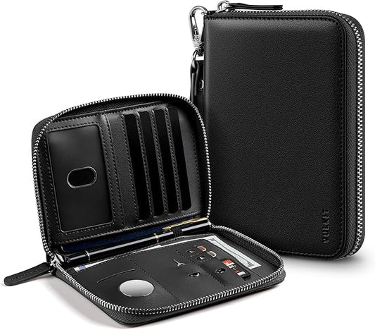 VULKIT Passport Holder for Travel with Airtag Slot, Premium Nappa Leather, RFID Blocking, Zipper Closure with Wrist Strap, Travel Document Organizer