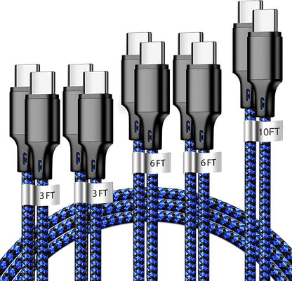 cugunu USB C to USB C Charger Cable, 5 Pack [3/3/6/6/10ft] Type C Fast Charging Cord High Data & Transfer Wire Compatible for iPhone 17/16/15 Plus/Pro Max iPad Pro Ps5 Controller Samsung (Black Blue)