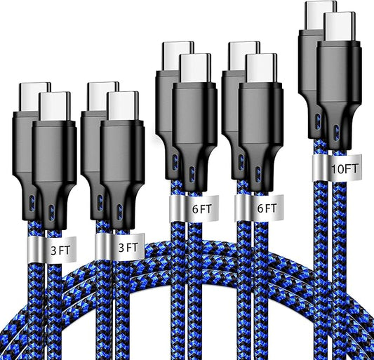 cugunu USB C to USB C Charger Cable, 5 Pack [3/3/6/6/10ft] Type C Fast Charging Cord High Data & Transfer Wire Compatible for iPhone 17/16/15 Plus/Pro Max iPad Pro Ps5 Controller Samsung (Black Blue)