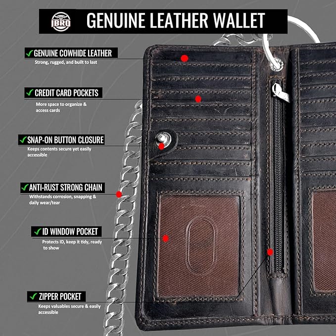 CLASSIC Motorcycle Chain Wallet for Men – Premium Cowhide Leather, RFID Bi-Fold Biker Wallet with Heavy Duty ChainBikers Truckers & Hunters, Credit Card Money Organizer Long Wallet Crazy Horse Brown
