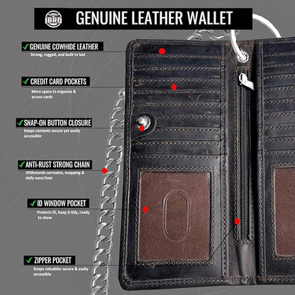 CLASSIC Motorcycle Chain Wallet for Men – Premium Cowhide Leather, RFID Bi-Fold Biker Wallet with Heavy Duty ChainBikers Truckers & Hunters, Credit Card Money Organizer Long Wallet Crazy Horse Brown