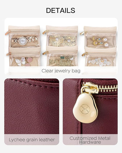 Vlando Small Jewelry Box Organizer,Travel Jewelry Storage with 6 Velvet Jewelry Zipper Pockets,Travel Jewelry Case Birthday Gifts for Women Girls(Red)