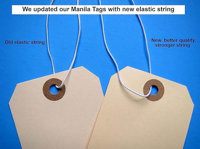 Paper Tags with Strings Attached Elastic- #1, 2 3/4” x 1 3/8”, Box of 500 Manila Shipping Label Tags with Elastic String and Reinforced Hole