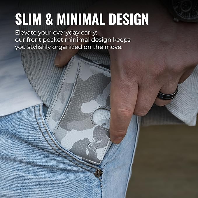 Kings Loot Money Clip Slim Minimalist Wallet for Men – RFID Blocking Leather Design with Money Clip – Front Pocket Bifold Holds 12 Cards – Stylish & Compact Wallets (Camo White)