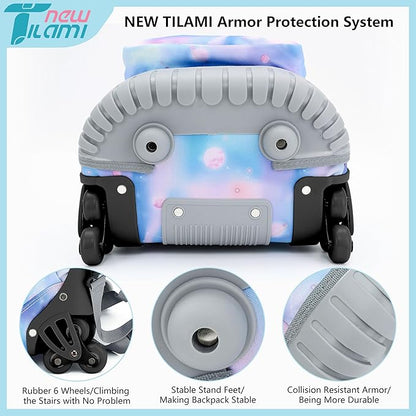 NEW TILAMI 18 Inch Rolling Backpack with Wheels for Girls Boys Kids Laptop Backpack School Travel, Purple Star