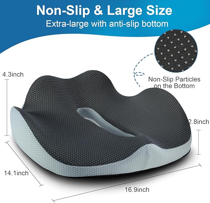 PilloVive Memory Foam Seat Cushion for Office Chairs & Car Seat - Ergonomic Office Desk Seat Cushion- Doctor Recommended for Tailbone & Sciatica Pain Relief & Back Support(Grey/White)