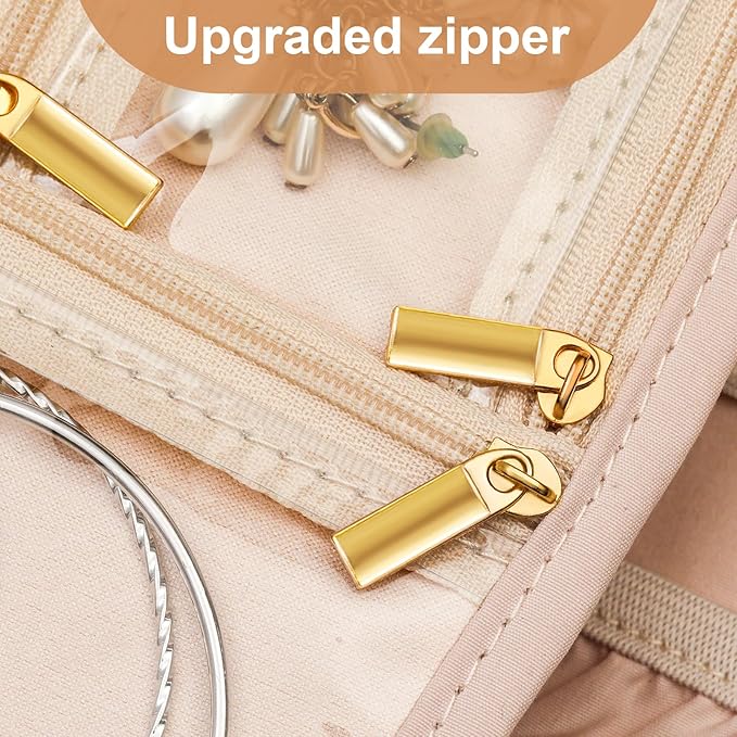 Leather Travel Jewelry Case Organizer,Jewelry Storage Book Binder with Clear Zipper Pouch & Lining-Portable Jewelry Bag for Earrings,Rings,Necklaces,Bracelets (3 PCS Beige- Inner Pages)