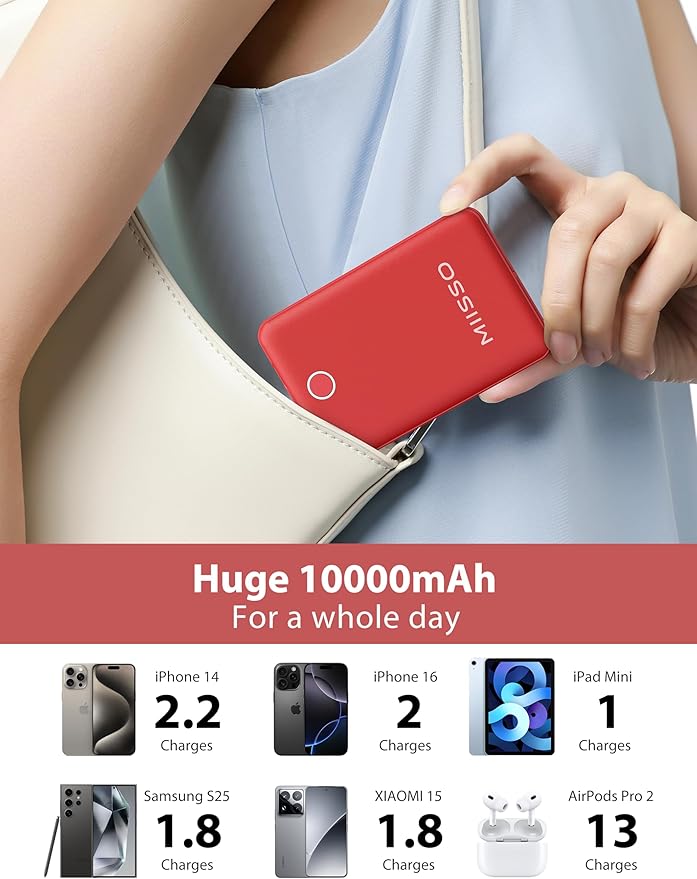 miisso 10000mAh Compatible with iPhone 15/16/17 and Android, Slim Portable Charger with Built in Cable, Power Bank Travel Charger External Battery Pack for Phone, 3 Output USB Type C Cord, Red