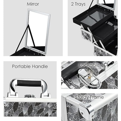 Joligrace Makeup Case Organizer Makeup Box Portable Cosmetic Train Case Hard Vanity Storage with 2 Trays Mirror Locking Make Up Travel Case for Cosmetics Nail Kits Travelling Organizer Modern Style