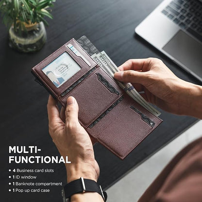 VULKIT Pop up Card Wallet Minimalist Cash Wallets RFID Blocking Leather Smart Credit Card Holder with ID window for Men
