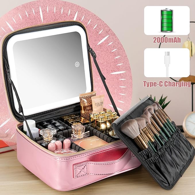 Makeup Travel Train Case with Mirror LED Light 3 Adjustable Brightness Large Cosmetic Bag Portable Storage Adjustable Partition Waterproof Makeup Brushes Make up Jewelry Gift for Women