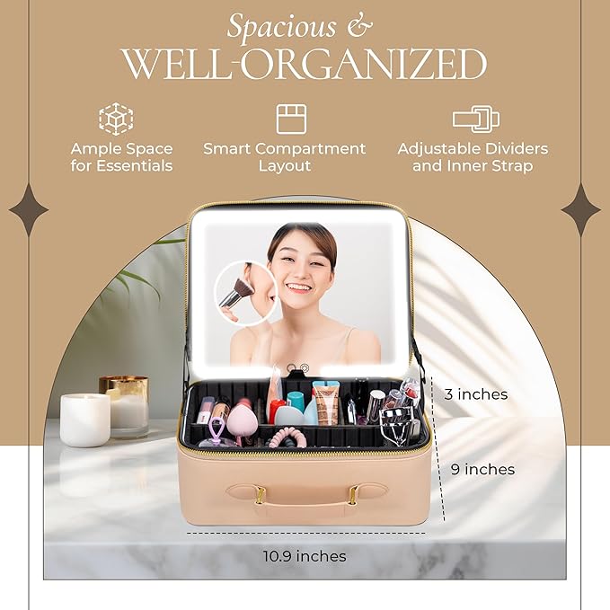 BAREZ Premium PU Leather Makeup Bag With LED Mirror - 3 Brightness Mirror Light Settings - Adjustable Dividers - Removable Mirror Waterproof Cosmetic Travel Bag - A Luxury Gift for Her (Nude)