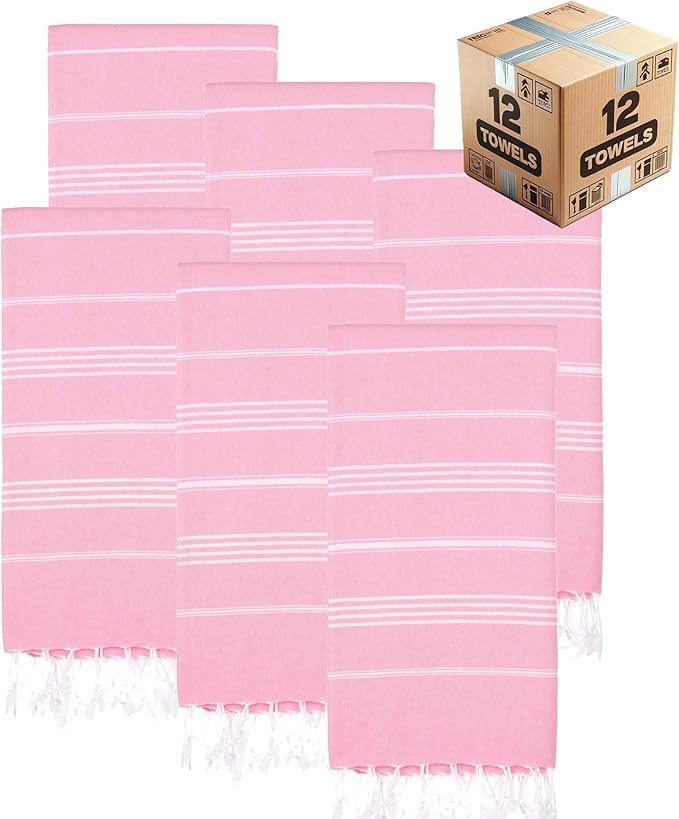 Turkish Beach Towels, Bulk Case of 12 | Oversized, Quick Dry, Sand Free | 100% Cotton, Large 38x71 Towels for Beach, Pool, Travel | Ultra-Soft, Compact, Absorbent | Pink