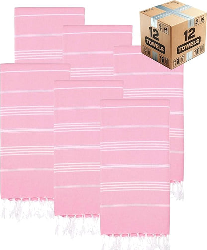 Turkish Beach Towels, Bulk Case of 12 | Oversized, Quick Dry, Sand Free | 100% Cotton, Large 38x71 Towels for Beach, Pool, Travel | Ultra-Soft, Compact, Absorbent | Pink