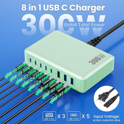 USB C Charger 300W USB C Charger Block, 8-Ports GaN IV Fast Charging Station Hub,PD 100W Laptop Charger Adapter,for MacBook Pro/Air/iPad/iPhone16/15/14/Apple Watch/DELL/Samsung for Home Office