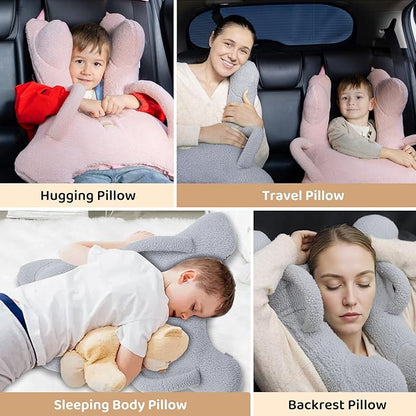 FLORICH Car Sleeping Travel Pillow for Kids, Kids Travel Pillow Removable H-Shaped Pillow for Adults and Children to Support Head and Body Road Trips with Neck Pillow and Blanket (Pink)