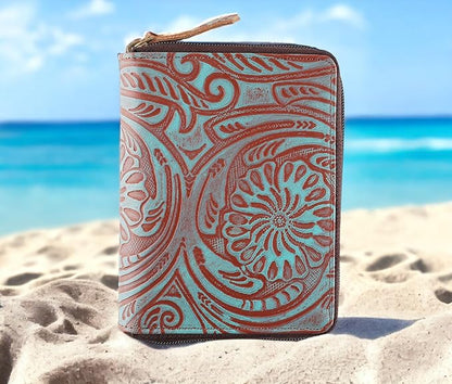 Passport Wallet - Travel Document Holder w/RFID Blocking – Full Grain Leather – Bifold compact zip around Wallet with Credit Card Slots for Women and Men,Turquoise floral,500-50