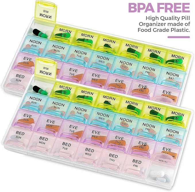 MEDca Pill Organizers - (40 Pack Bulk) Large Pill Organizer with Weekly and Daily 4-Times-A-Day Compartments for Morning, Noon, Evening, Night - BPA-Free, Portable and Travel Friendly Pill Boxes Case