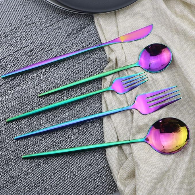 JASHII Shiny Rainbow Silverware Set, 30-Piece Stainless Steel Satin Finish Flatware, Kitchen Utensils, Mirror Polished Tableware Cutlery for Home and Restaurant, Dishwasher Safe