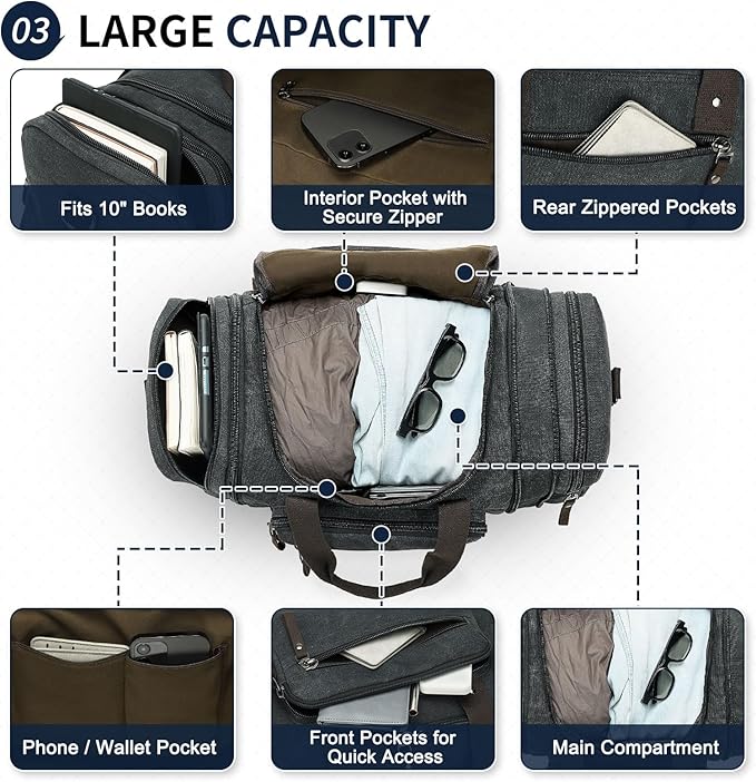 Expandable Canvas Duffel 50cm-58cm, Sturdy Zipper and Reinforced Handles, Lightweight Carry-On Weekender Bag for 3-5 Day Trips, Black