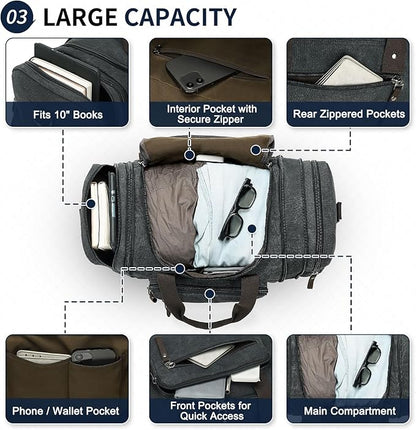 Expandable Canvas Duffel 50cm-58cm, Sturdy Zipper and Reinforced Handles, Lightweight Carry-On Weekender Bag for 3-5 Day Trips, Black