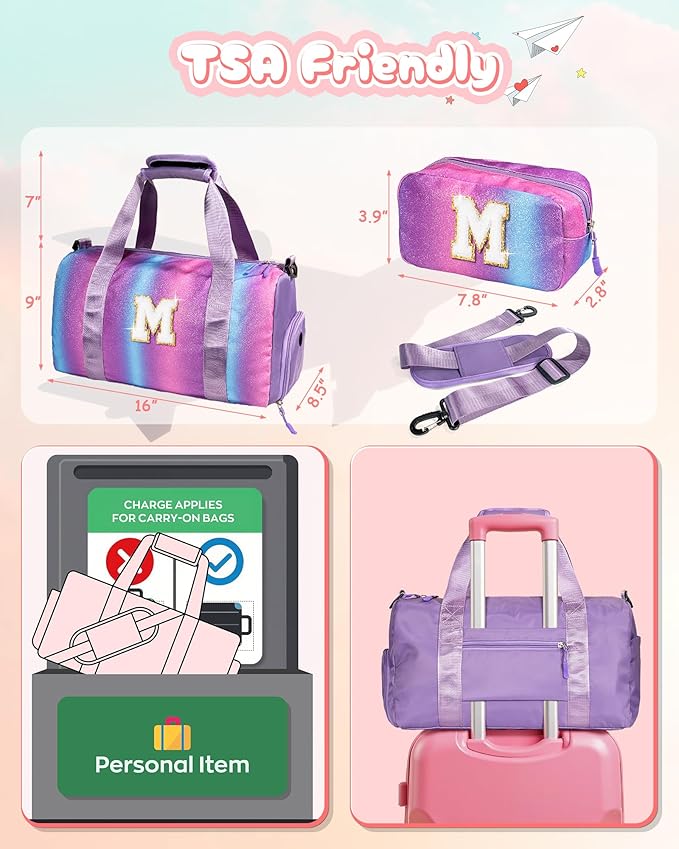 Girls Trip Gifts for Kids-Girl Gym Bag with Shoe Compartment, Kid Personalized Weekender Overnight Bags, Initial Travel Tote with Makeup Pouch, Valentines Day Gift for Girls (Letter R)