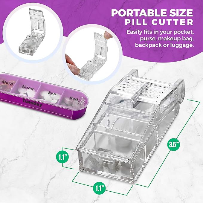 Weekly Pill Organizers with Pill Cutter - V-Grip Pill Splitter (Pack of 2) Stackable Pill, Medicine, Vitamin Organizer with 4 Times-a-Day Daily Compartments, 2 Dispensers with Stackable AM/PM Boxes