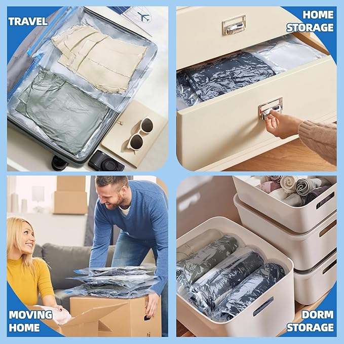 12PK Pump-Free Compression Vacuum Bags for Travel, Roll-up Space Saver Storage Bags for Clothes (6 Large 16''x24'' + 6 Small 14''x 20'') Travel Essentials & Organizers