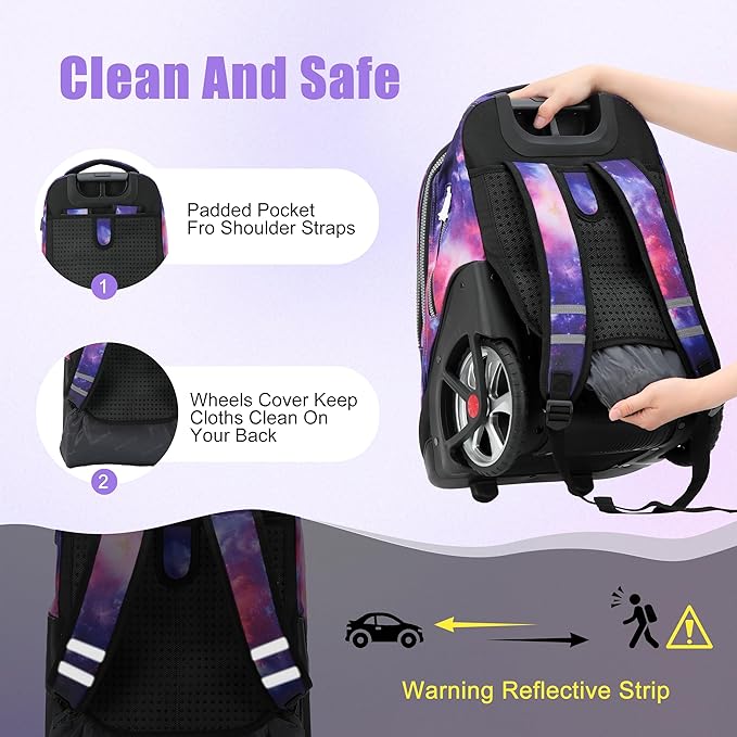 NEW TILAMI 19 Inch Rolling Backpack with Lunch Bag for Girls Boys Wheeled Laptop Backpack Durable Carry-on Bag School Travel, Purple Starry