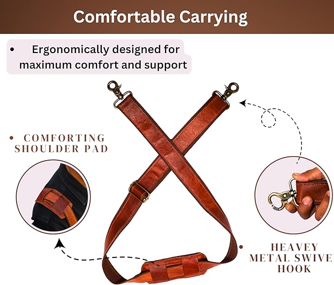 Adjustable Genuine Leather Shoulder Strap – Vintage Brown 60-Inch Comfort-Fit Padded Replacement with Heavy-Duty Swivel Hooks for Crossbody, Laptop, Messenger, Purse, Handbag, Duffel & Luggage Bags