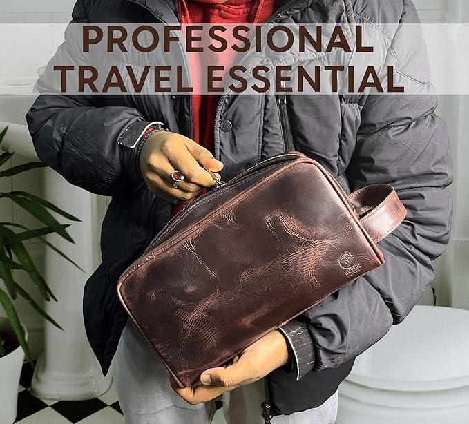 RUSTIC TOWN Leather Toiletry Bag for Men - Travel Shaving Ditty Kit - Bathroom Shower Toiletries Organizer - Leather Cosmetic Bag for Women (Walnut Brown)