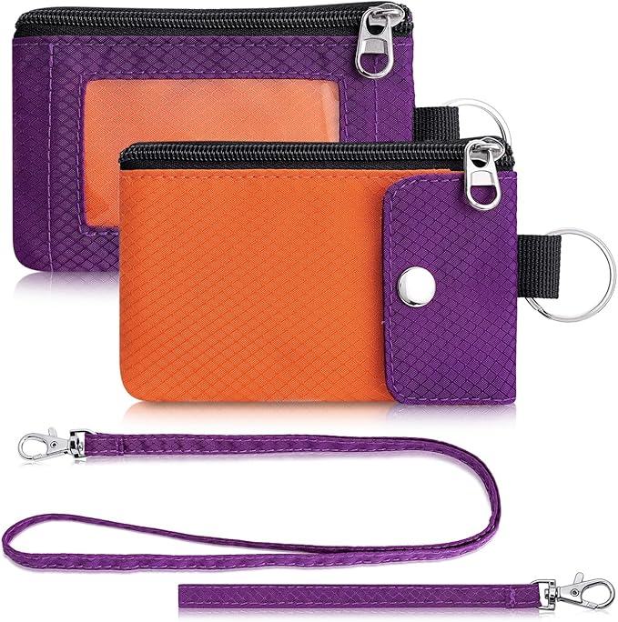 Minimalist Wallet For Mens Womens, Keychain RFID Blocking Zipper Small Wallet with ID Window 2 Lanyards,Water Resistant Travel Cash Card Coin Case Boys Girls