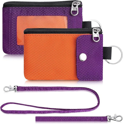 Minimalist Wallet For Mens Womens, Keychain RFID Blocking Zipper Small Wallet with ID Window 2 Lanyards,Water Resistant Travel Cash Card Coin Case Boys Girls