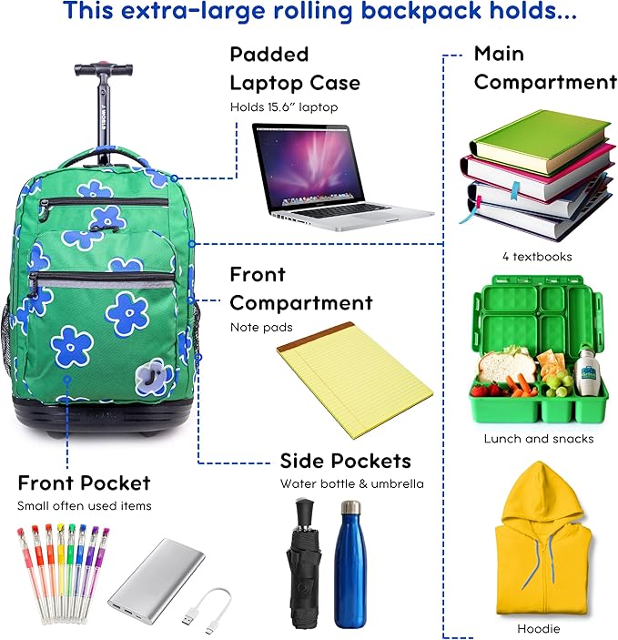 J World Sundance Laptop Rolling Backpack for Girls Boys. Roller Bookbag with Wheels, Picnic