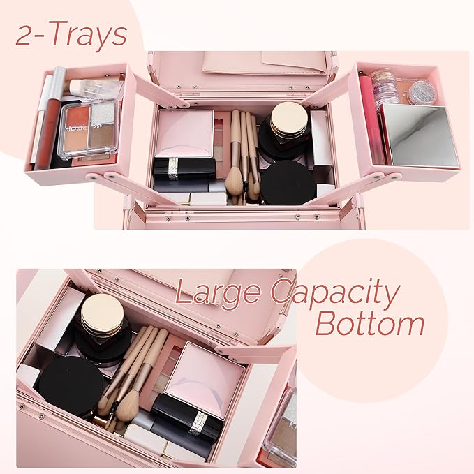 Makeup Train Case 2 Trays Makeup Box Organizer Portable Travel Makeup Case Lockable Makeup Storage Organizer Cosmetic Box for Jewelry Nail Tech Brushes Accessories Tool, Pink Pro