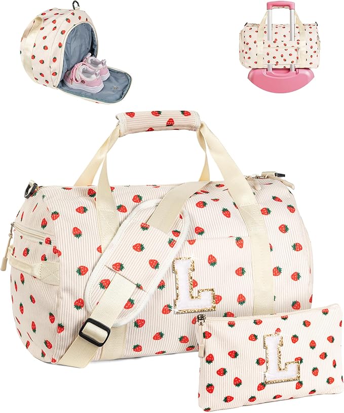 Tween Girl Gifts Trendy Stuff, Girls Gym Bag, Kids Personalized Weekend Duffel Bags with Shoe Compartment, Initial Travel Tote with Makeup Bag, Birthday Gift for Daughter (Letter L)