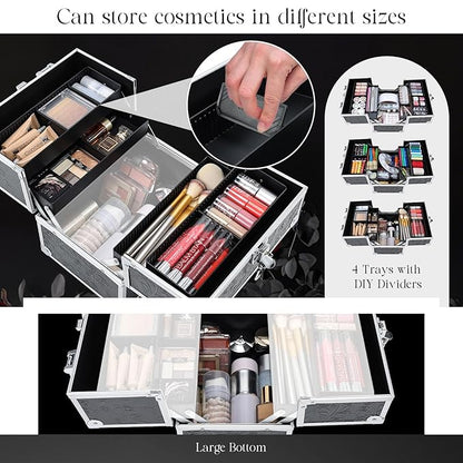 FRENESSA Makeup Train Case Cosmetic Box Portable Makeup Case Organizer 4 Trays Travel Case Storage with Dividers Lockable for Make up Artist Crafter Nail Kits Tools Black Floral