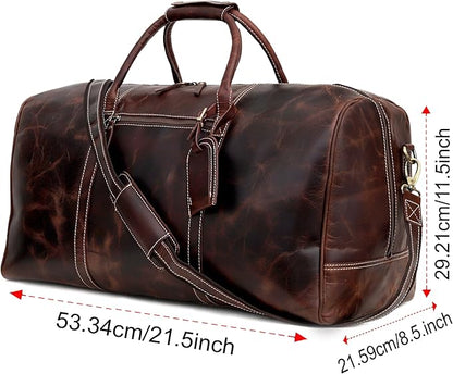 21 Inch Genuine Buffalo Leather Travel Duffle Bag | Overnight Weekend Leather Bag | Sports Gym Duffel for Men| Airplane Under Seat Carry on Bags (brown)
