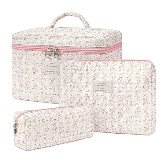 Makeup Bag,Quilted Cosmetic Bags,Large Floral Make Up Organize bag,Makeup Bag Set for Women,Flower Travel Toiletry Bag