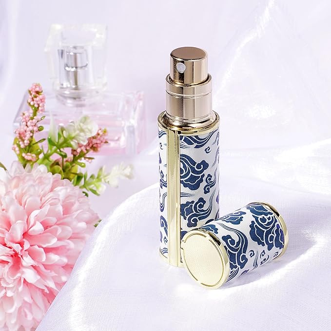LUEXBOX Portable Perfume Bottle for Travel, Mini Refillable Perfume Dispenser, 5ml Faux Leather Leak Proof Perfume Atomizers, Blue and White Bottles Sprayer for Pocket Perfume (Blue Cloud)