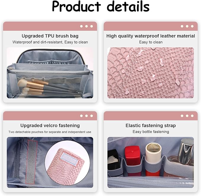 BOYATU Travel Makeup Bags for Women: 3 Pcs Set Wide Open Cosmetic Bag - Portable Make up Bags with Handle - Vegan Leather Toiletry Organizer Bag with Divider (G-02-Pink)
