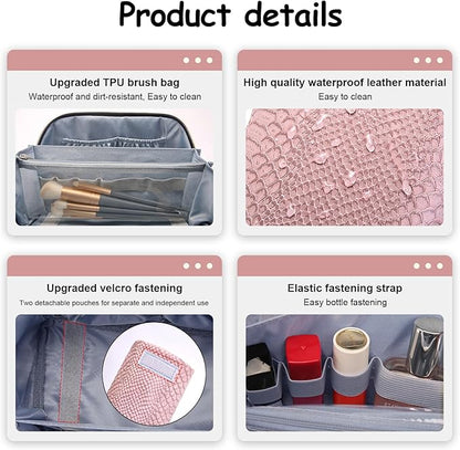 BOYATU Travel Makeup Bags for Women: 3 Pcs Set Wide Open Cosmetic Bag - Portable Make up Bags with Handle - Vegan Leather Toiletry Organizer Bag with Divider (G-02-Pink)